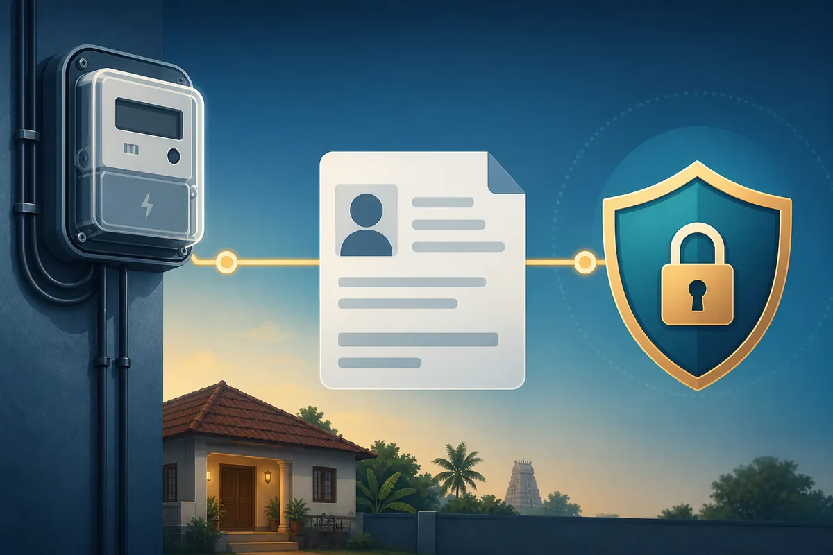 Electricity meter, protected identity record, and security shield illustrating safe TNEB Aadhaar linking