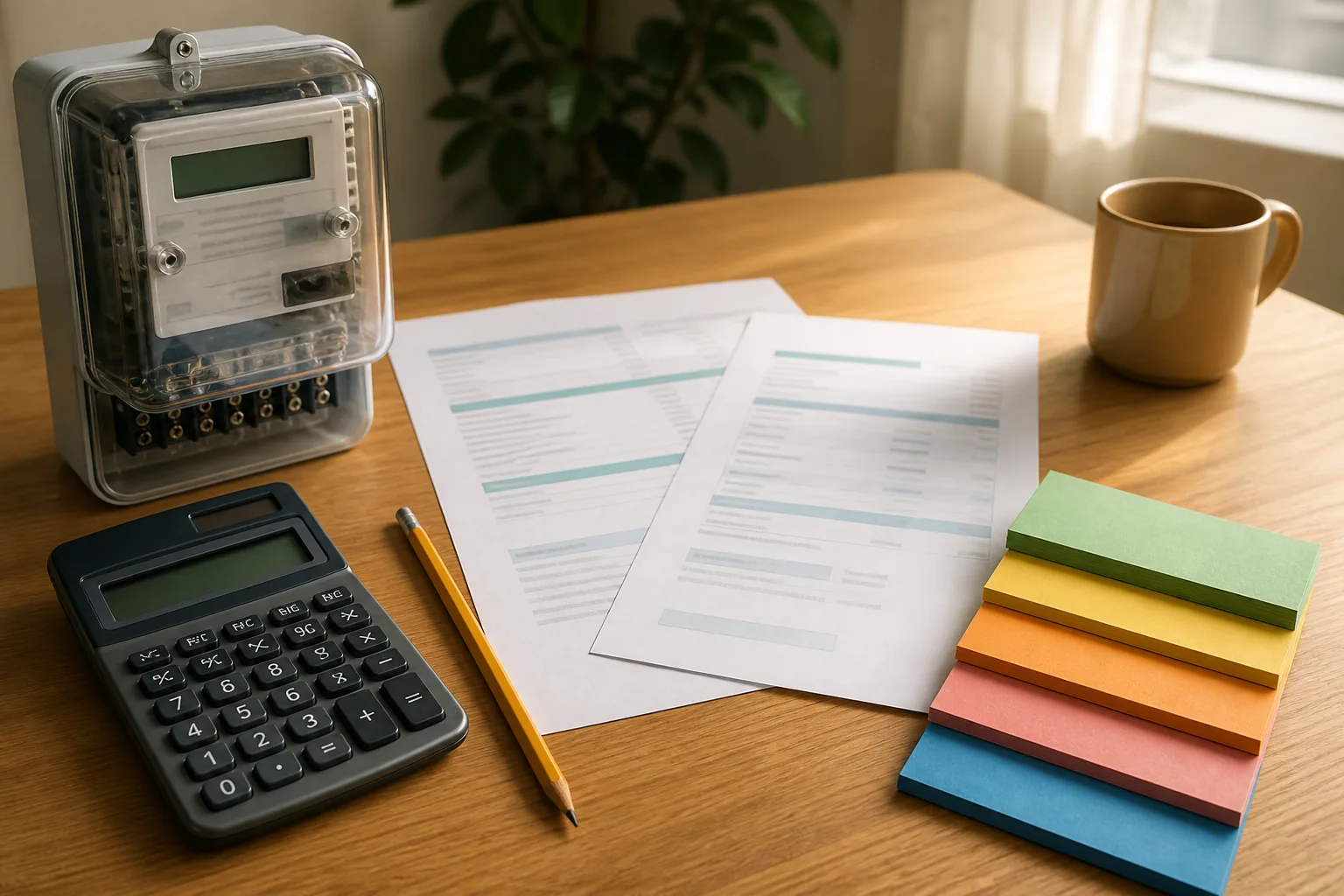 Electricity meter, generic bills, calculator and color-coded paper strips for checking a bill estimate