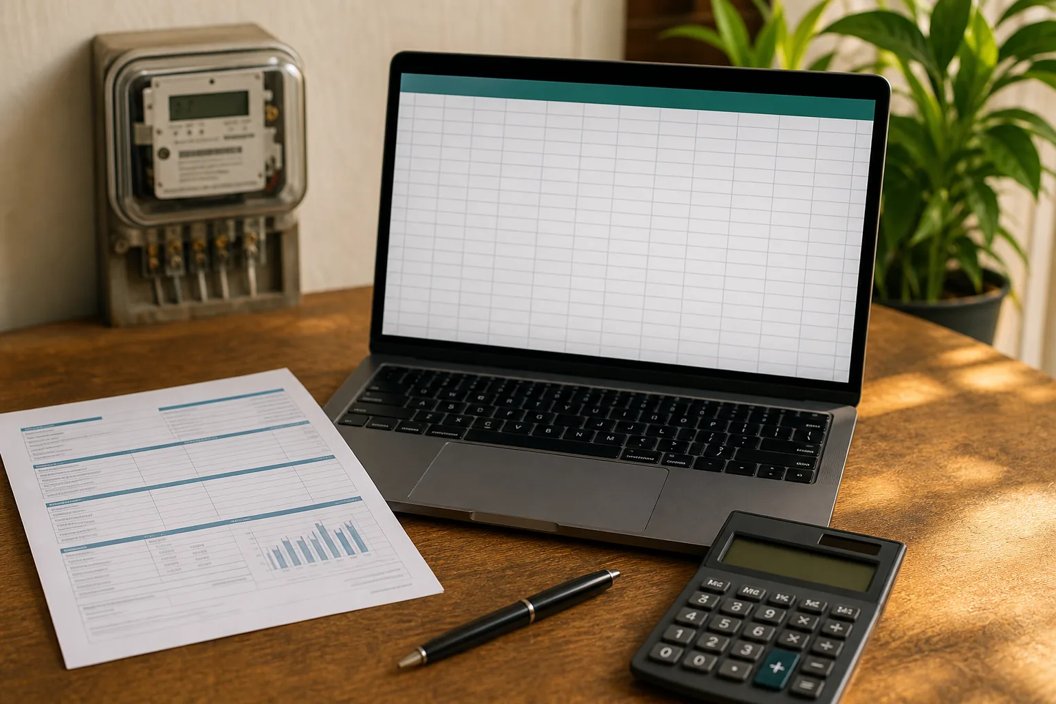 Laptop spreadsheet, generic electricity bill, meter and calculator on a desk