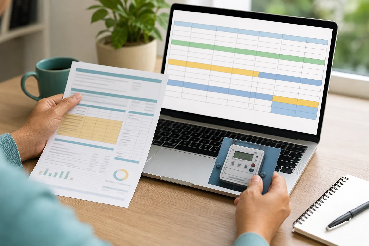 Hands comparing a generic electricity bill and meter reading with a color-banded spreadsheet