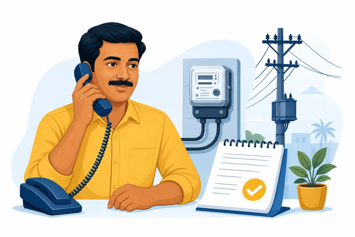 Editorial illustration of a Tamil Nadu electricity user choosing a safe complaint contact channel