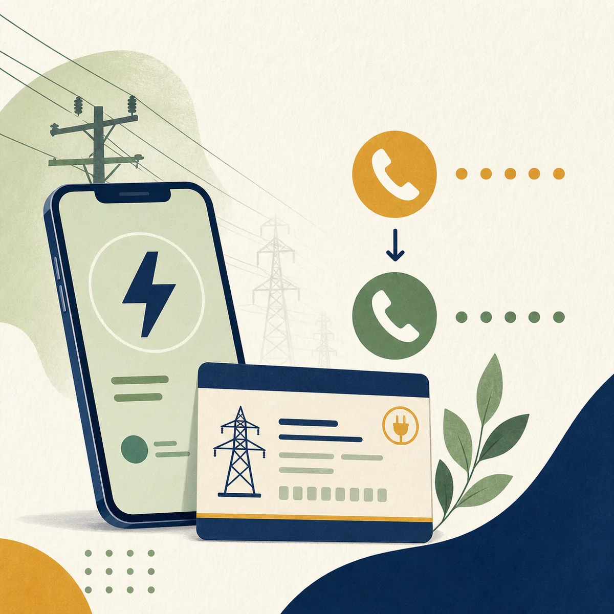 Editorial illustration of a phone, electricity service card, and old-to-new mobile number symbols