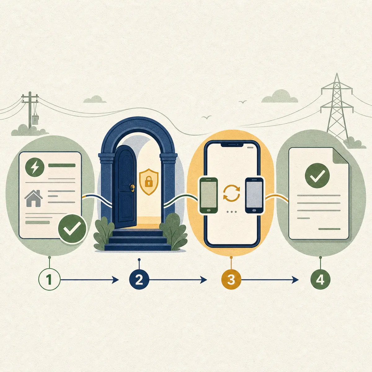 Four-stage editorial process showing service check, official entry, phone update, and saved confirmation