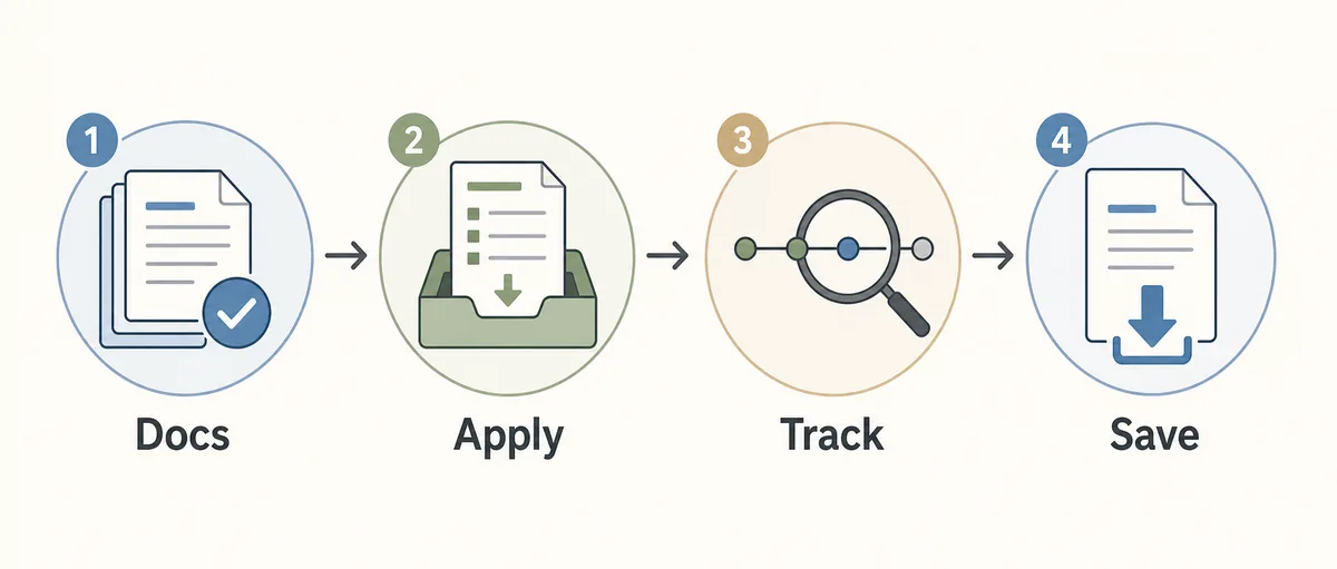 Step flow showing documents, application, status tracking, and saved order copy for TNEB name transfer