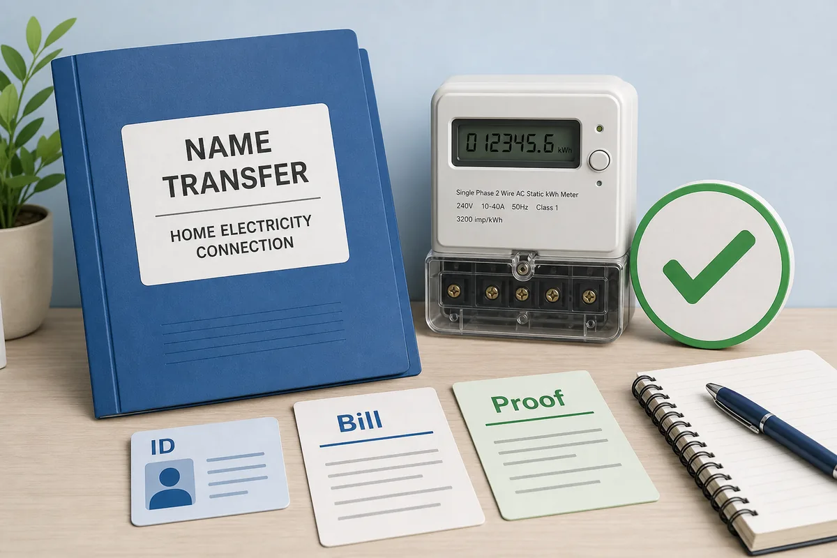 Editorial illustration of documents, ID proof, electricity meter, and checklist for TNEB name transfer
