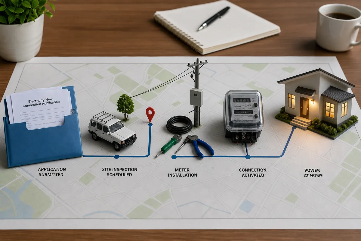 Illustrated stages from electricity connection application to inspection, meter installation, and power at home