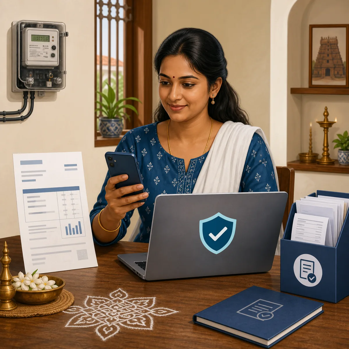 Editorial illustration of a Tamil Nadu household preparing to pay an electricity bill online safely