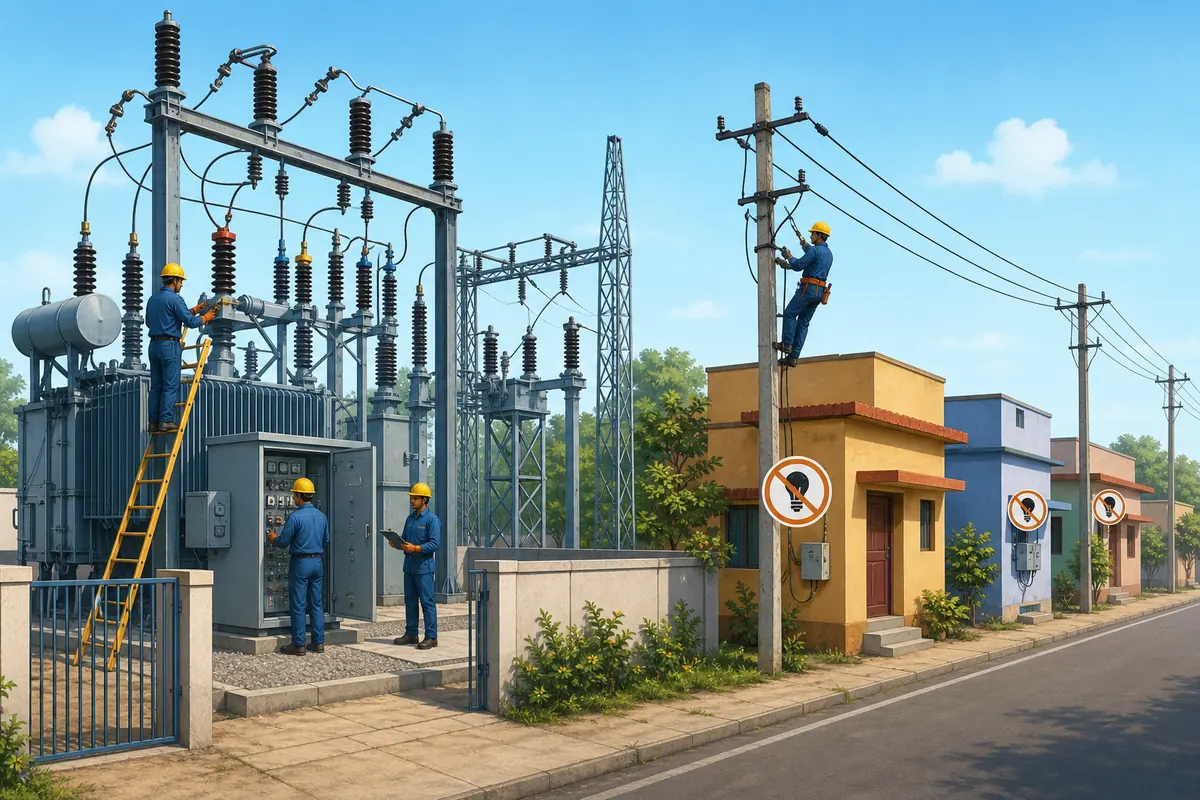 Electricity utility crew carrying out planned maintenance near homes in Tamil Nadu